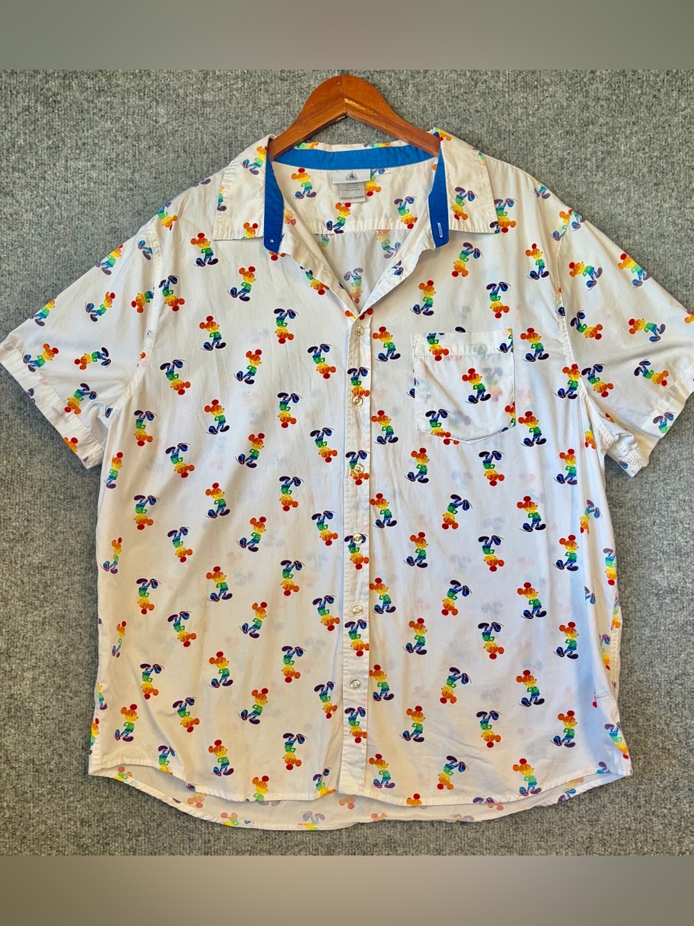 Disney White Short-Sleeve Shirt with Rainbow Mickey Print and Blue Collar Trim